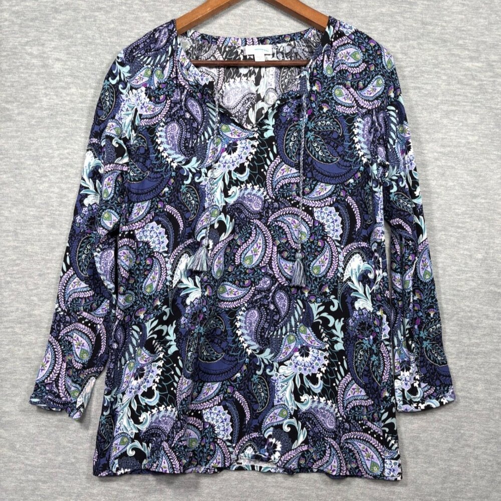J Jill Womens Top XS Paisley‎ Print Rayon Long Sleeve Boho Tassels